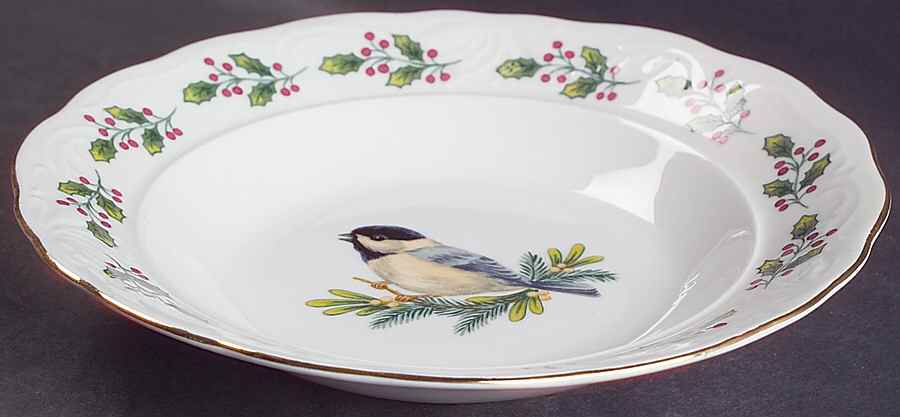 SONGBIRDS (GOLD TRIM & HOLLY) Rim Soup Bowl by Gibson Designs-1
