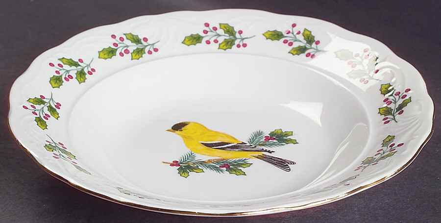 SONGBIRDS (GOLD TRIM & HOLLY) Rim Soup Bowl by Gibson Designs-1
