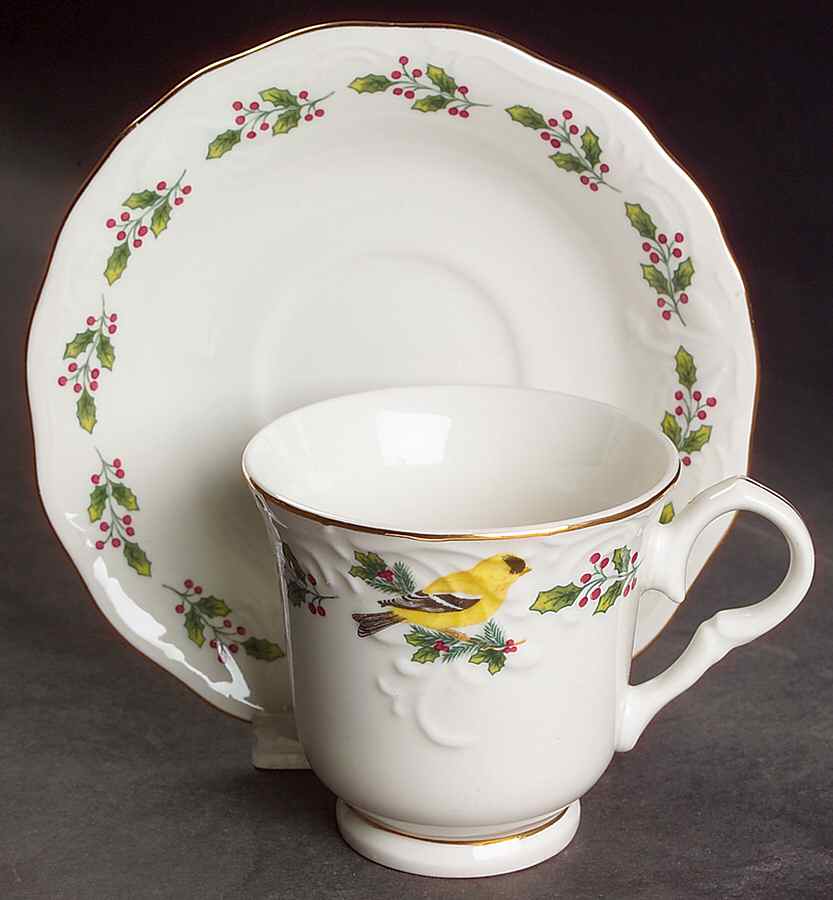 SONGBIRDS (GOLD TRIM & HOLLY) Footed Cup & Saucer Set by Gibson Designs-1