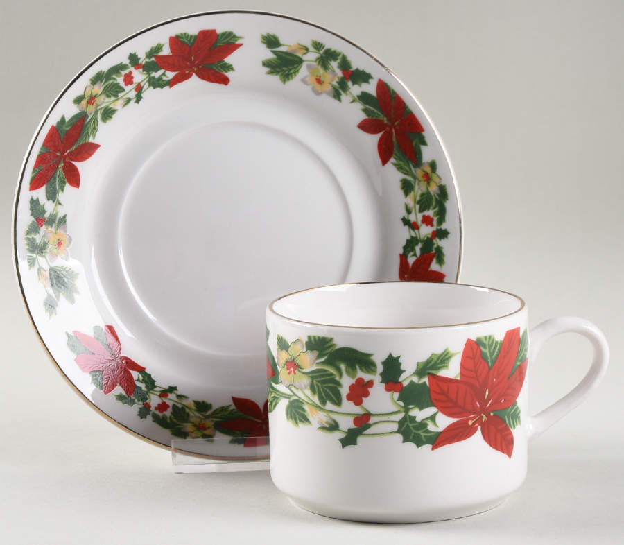 Poinsettia Holiday Flat Cup & Saucer Set by Gibson Designs-1