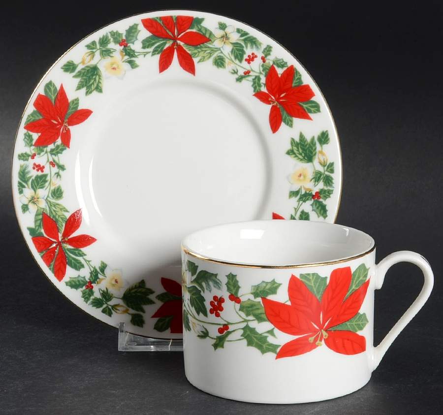 Poinsettia Holiday Flat Cup & Saucer Set by Gibson Designs-1
