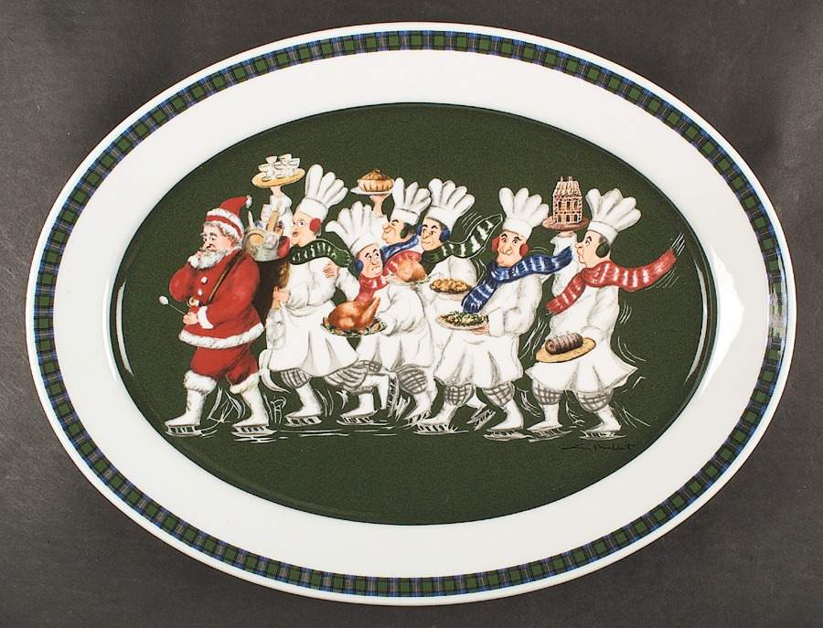 Skating Chefs (Green Tartan Band) 15" Oval Serving Platter by Guy Buffet-1