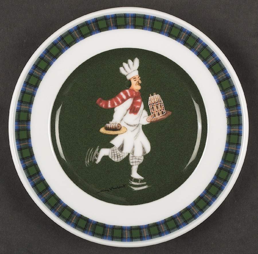 Skating Chefs (Green Tartan Band) Bread & Butter Plate by Guy Buffet-1