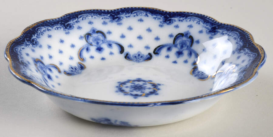 Keele (Flow Blue, Gold Accent) Fruit/Dessert (Sauce) Bowl by Grindley-1