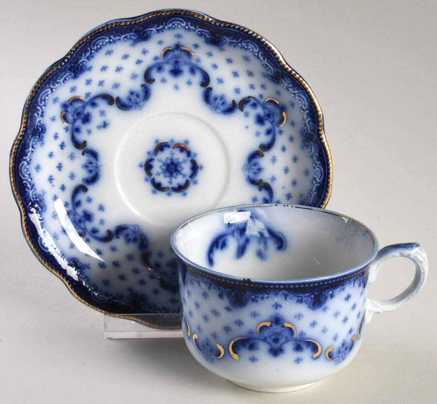 Keele (Flow Blue, Gold Accent) Flat Cup & Saucer Set by Grindley-1