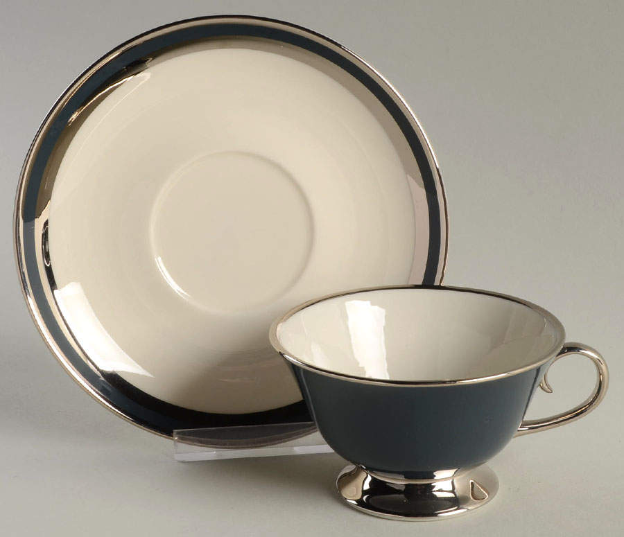 Contessa Peacock Blue (Coupe, Platinum) Footed Cup & Saucer Set by Gorham-1