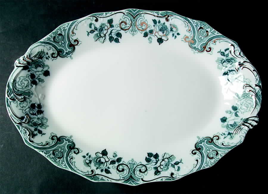 Merion Blue Green (Gold Accent) 15" Oval Serving Platter by Grindley-1