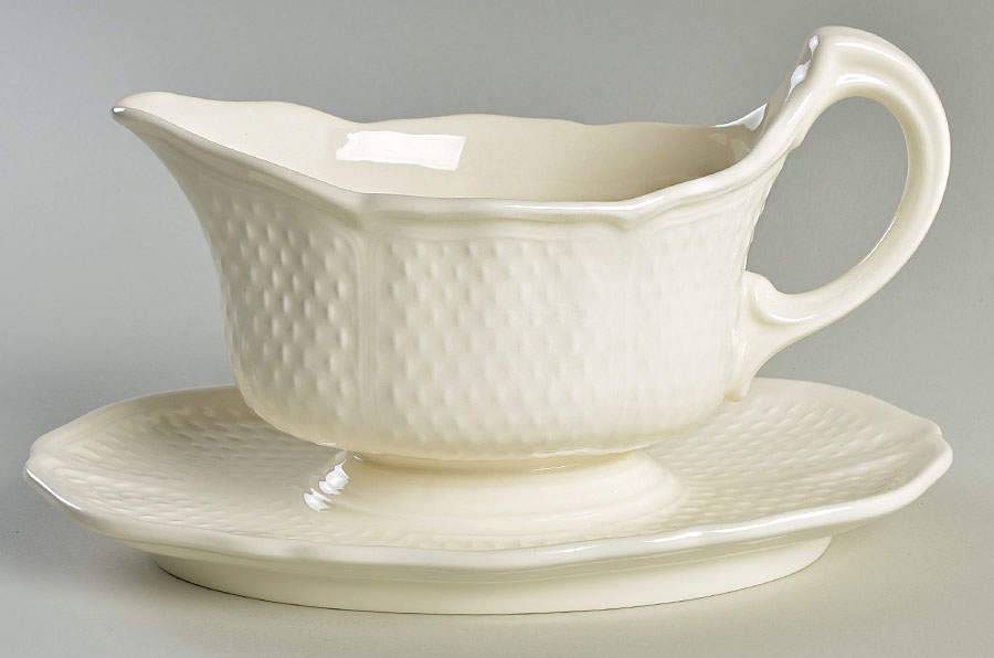 Pont Aux Choux (White) Gravy Boat with Attached Underplate by Faiencerie De Gien-1