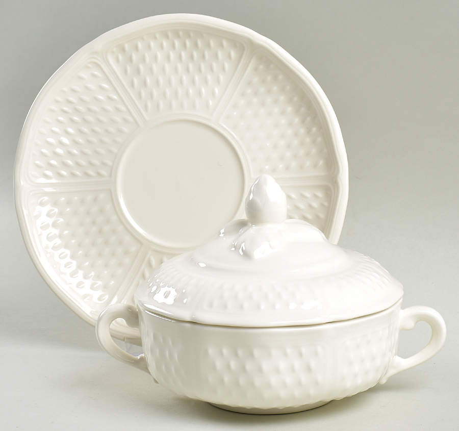 Pont Aux Choux (White) Bouillon Soup and Saucer with Lid by Faiencerie De Gien-1