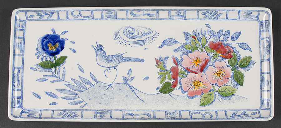 Oiseau Bleu Flowers 14" Rectangular Tray by Faiencerie De Gien-1