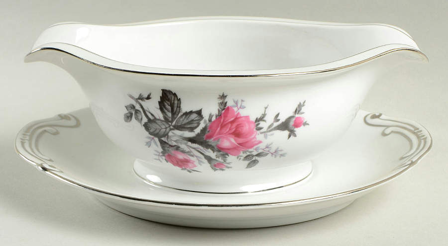 New Moss Rose (Platinum Trim) Gravy Boat with Attached Underplate by Gold Coast-1
