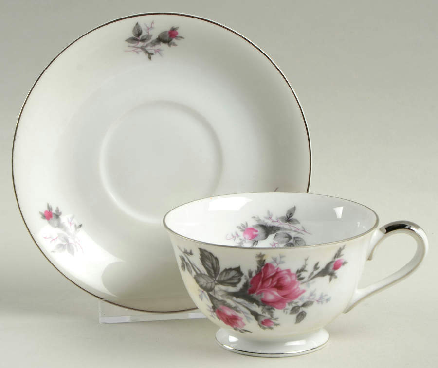 New Moss Rose (Platinum Trim) Footed Cup & Saucer Set by Gold Coast-1