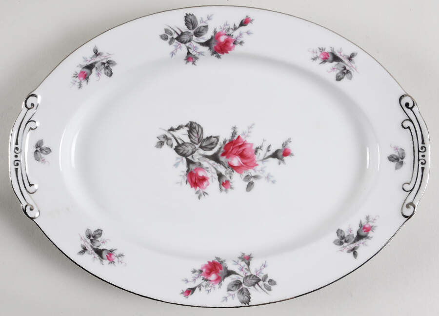 New Moss Rose (Platinum Trim) 12" Oval Serving Platter by Gold Coast-1