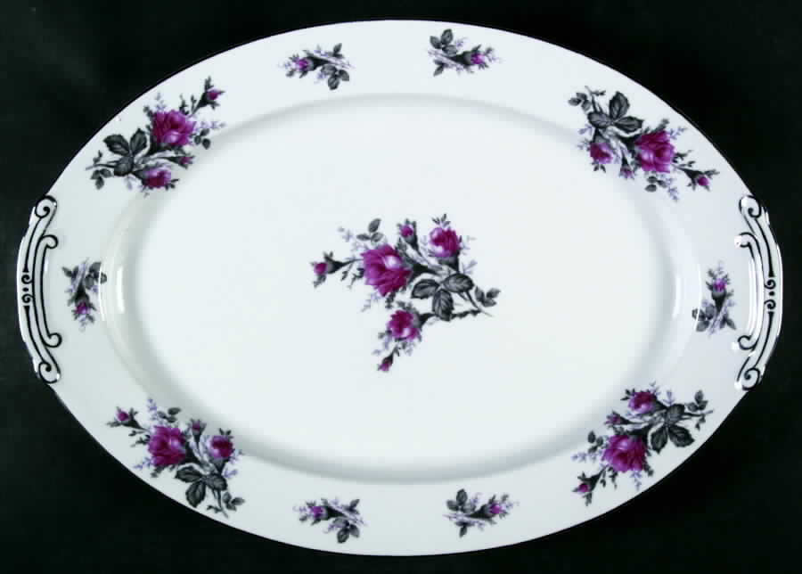 New Moss Rose (Platinum Trim) 16" Oval Serving Platter by Gold Coast-1