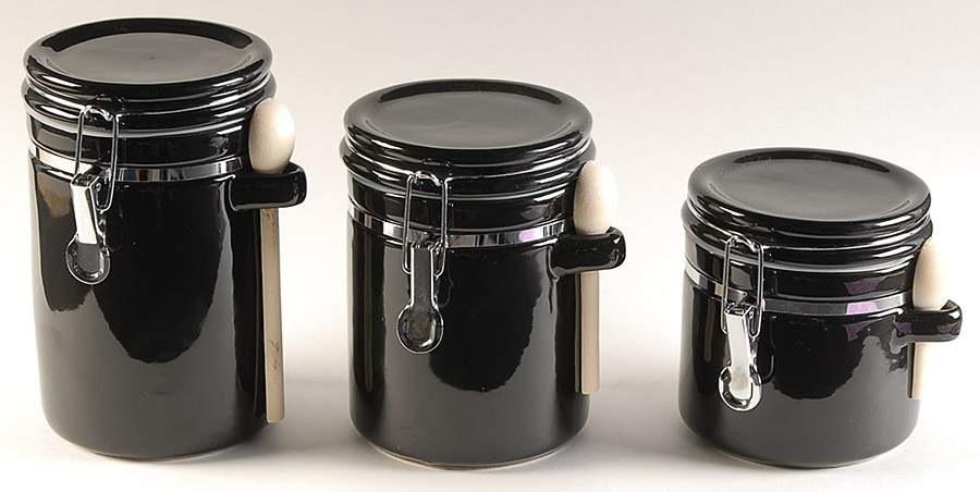 Sensations II Black Hinged Lid Canister - Set of 3 with/Wood Spoons by Gibson Designs-1