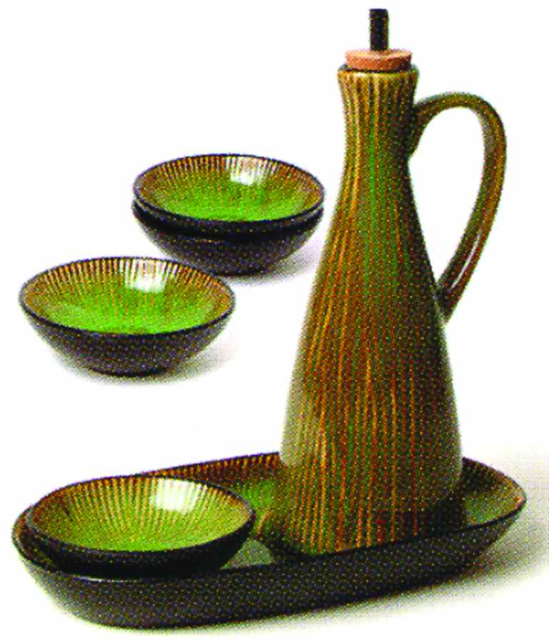 South Seas Green Oil Jar/Drizzler with 4 Dipping Bowls & Tray by Gibson Designs-1