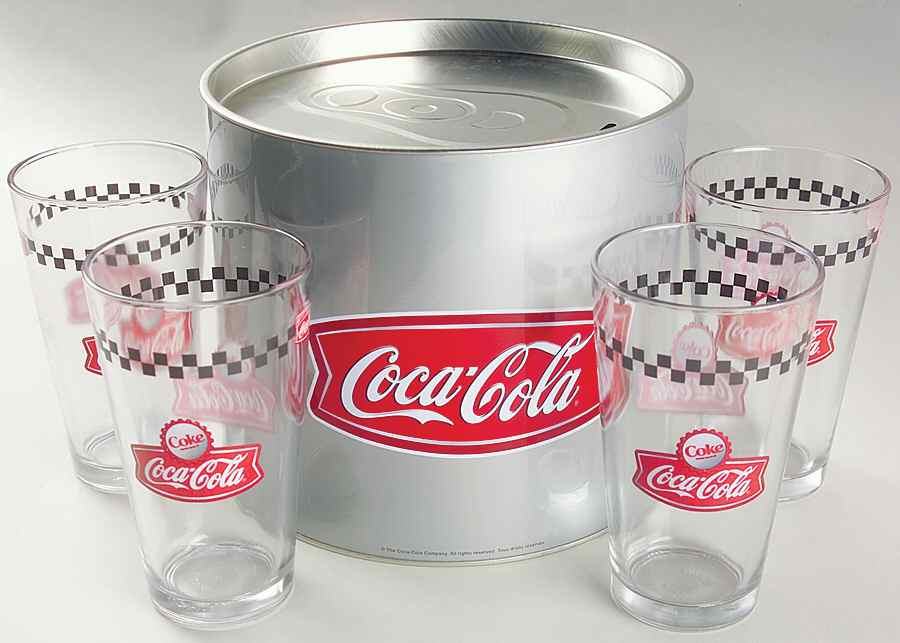 Coca Cola Town Square 4 Pc Tumbler Set W/Tin Penny Bank by Gibson Designs-1