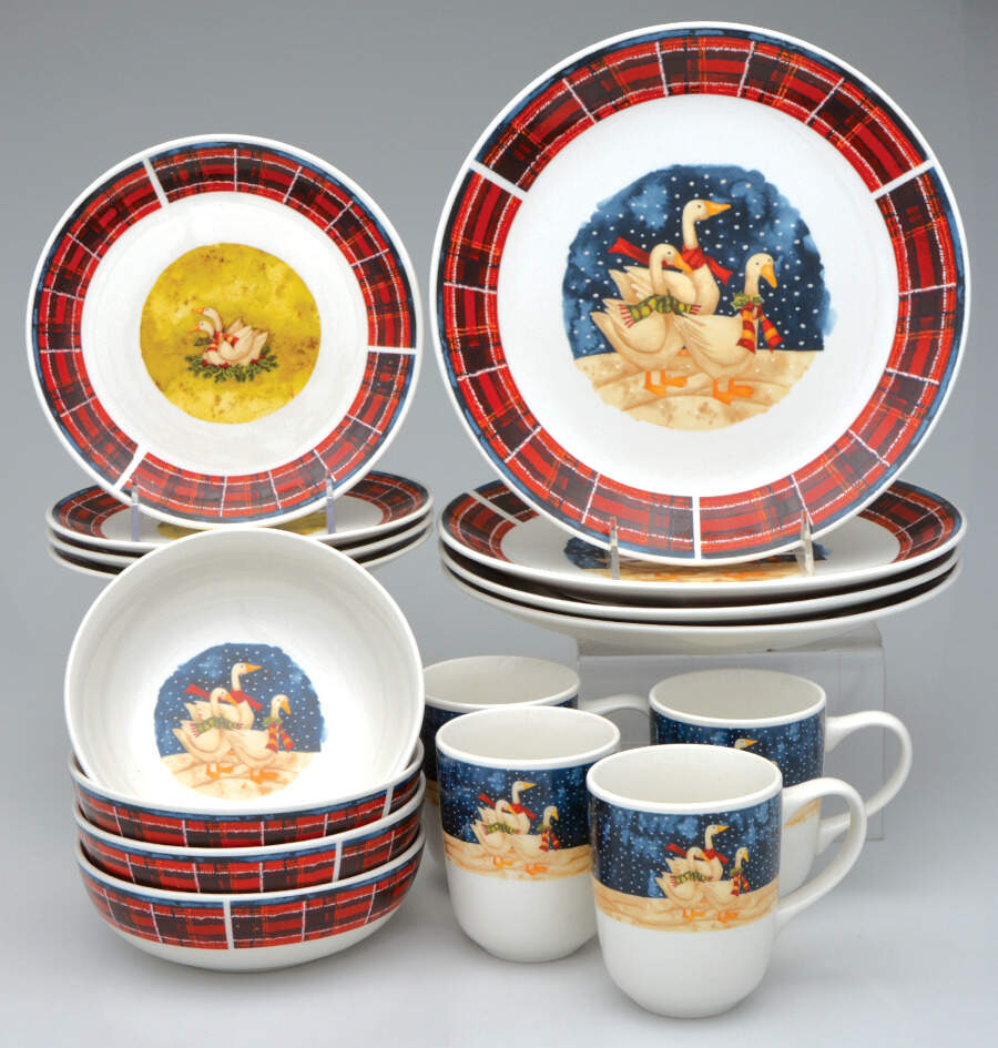 Snow Geese (Plaid Rim) 16 Piece Set by Gibson Designs-1