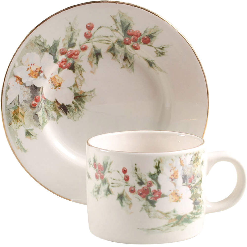 Yuletide (Cream Body) Flat Cup & Saucer Set by Gibson Designs-1