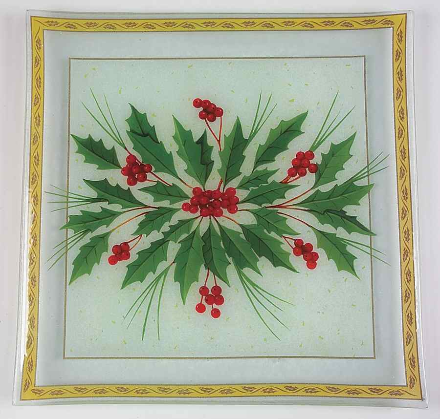 Festive Holly 14" Glassware Square Platter by Gorham-1