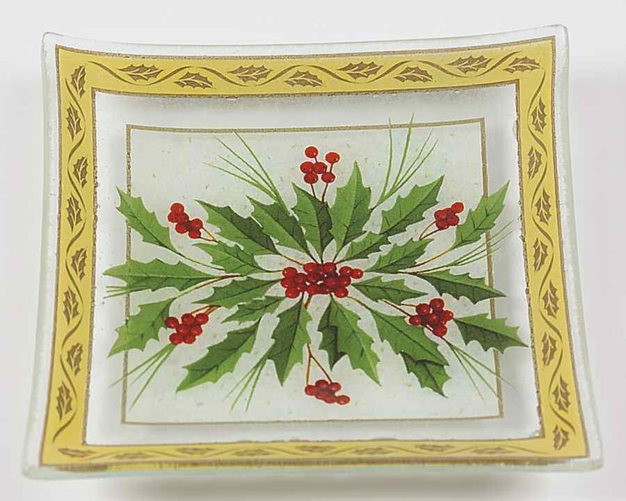 Festive Holly Square Glass Candy Dish by Gorham-1