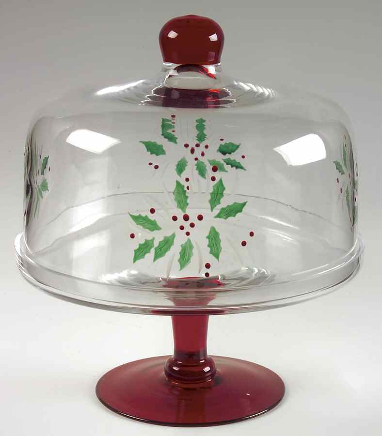 Festive Holly Glassware Cake Stand with Dome by Gorham-1