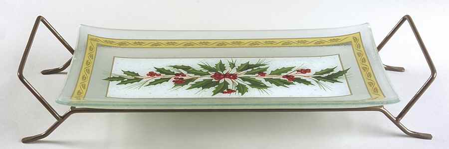 Festive Holly 12" Glassware Rectangular Platter W/Rack by Gorham-1