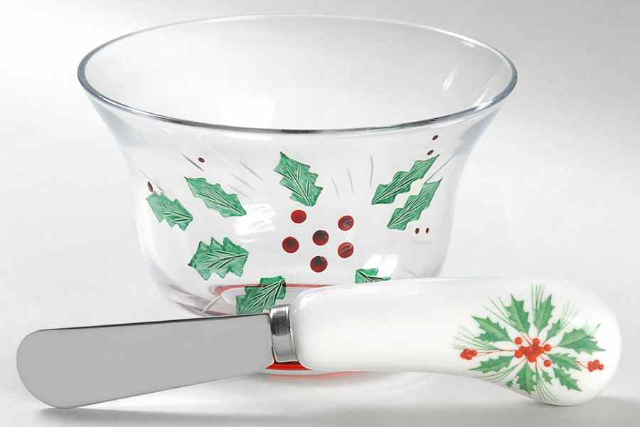 Festive Holly Glassware Dip Bowl & China Handle Spreader by Gorham-1