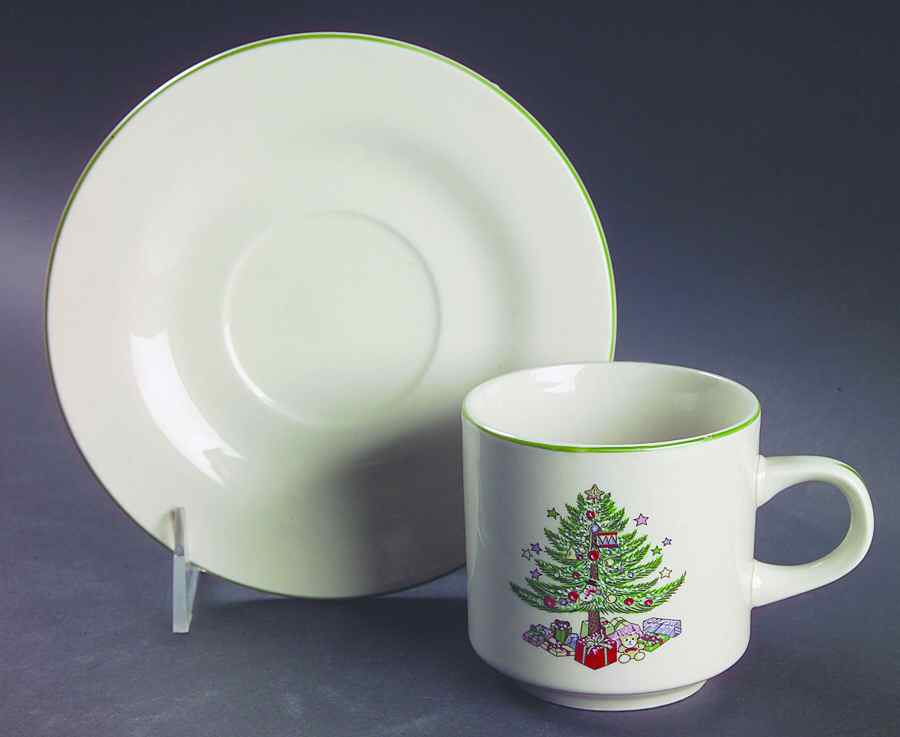Christmas Tree Cream (Trim on Edge Housewares) Flat Cup & Saucer Set by Gibson Designs-1