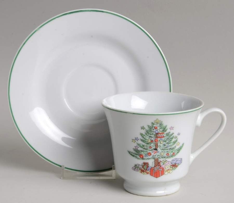 Christmas Tree White(Yellow Bear) Footed Cup & Saucer Set by Gibson Designs-1