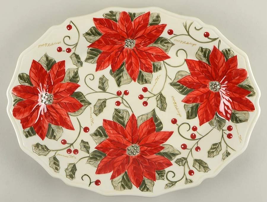 Natural Poinsettia 18" Oval Serving Platter by Gibson Designs-1