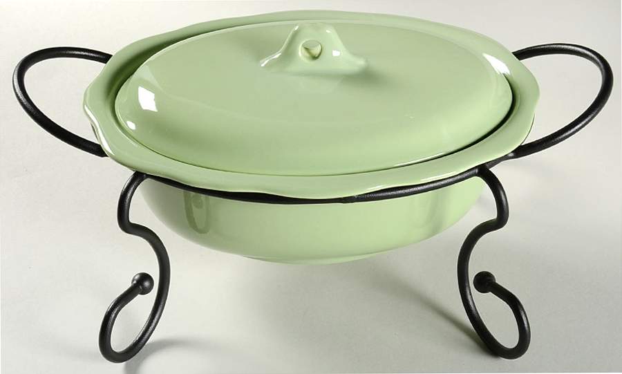 Hospitality Sage 1.5 Quart Oval Covered Casserole & Metal Stand by Gail Pittman-1