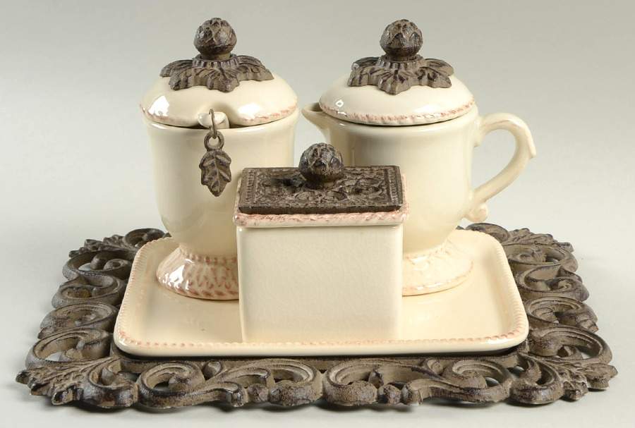 Cream 9pc Creamer, Sugar,Sweetener,Ceramic & Metal Trays by GG Collection-1