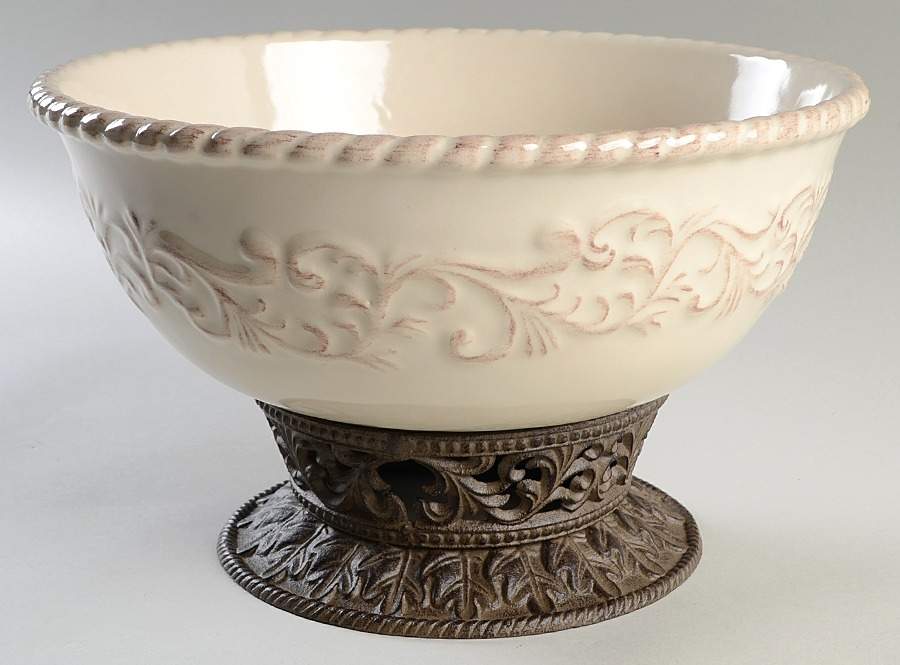 Cream 11" Salad Serving Bowl & Metal Stand by GG Collection-1