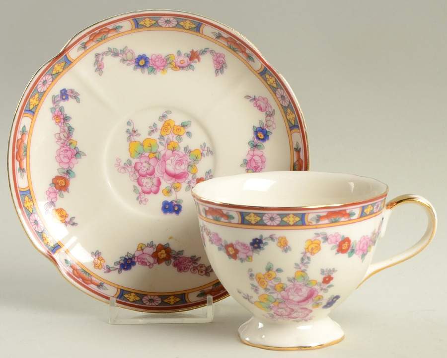 Chinese Bouquet Footed Cup & Saucer Set by Gracie Bone China-1