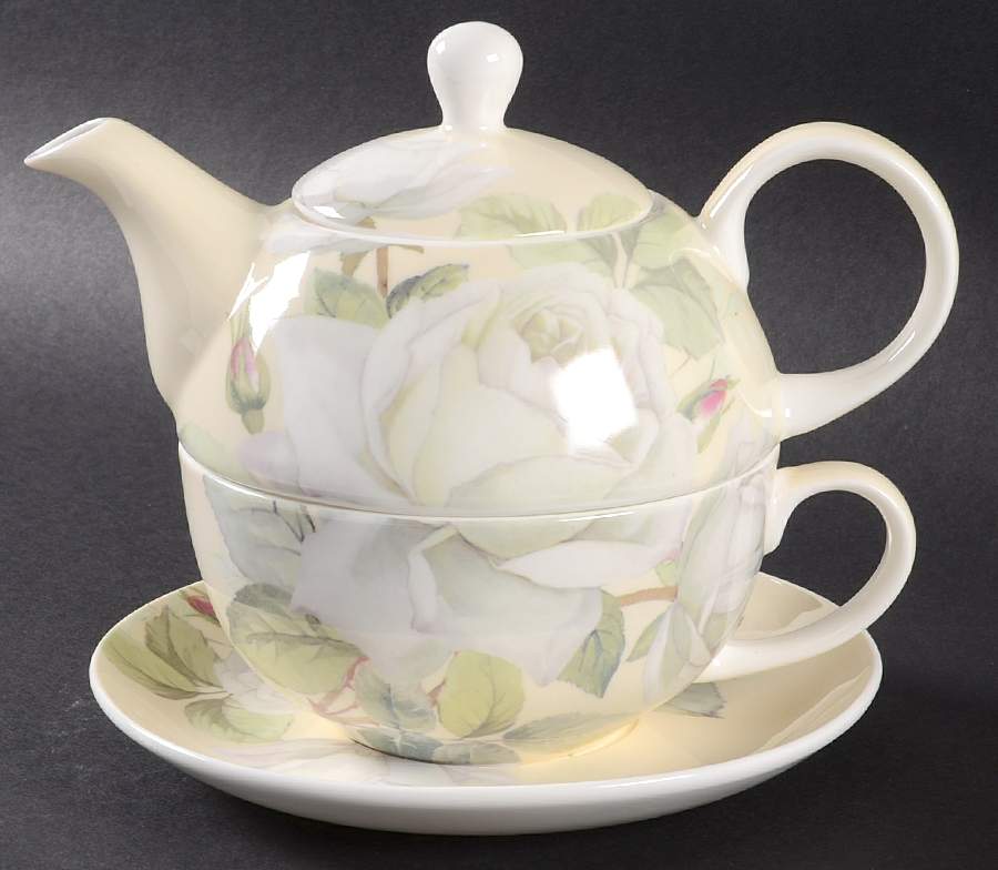 Iceberg White Rose Individual Teapot & Lid with Cup & Saucer by Gracie Bone China-1