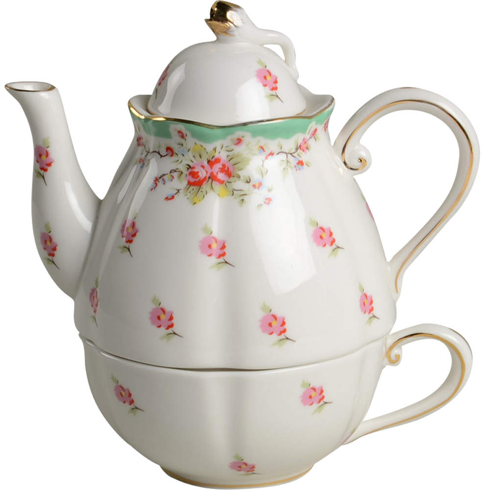 Green Vintage Rose Individual Teapot & Lid with Cup by Gracie Bone China-1