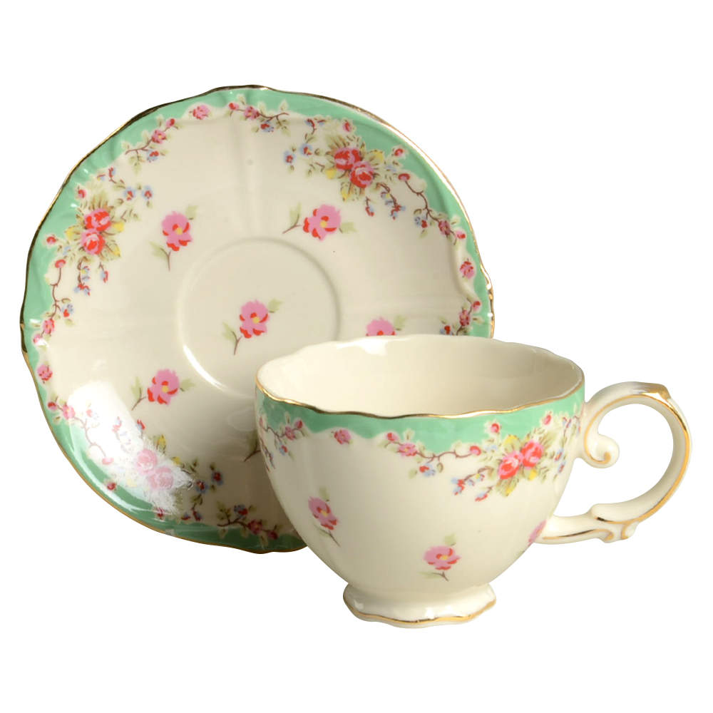 Green Vintage Rose Footed Cup & Saucer Set by Gracie Bone China-1