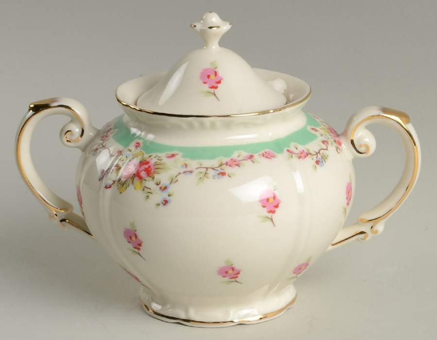 Green Vintage Rose Sugar Bowl & Lid by Gracie Bone China-1