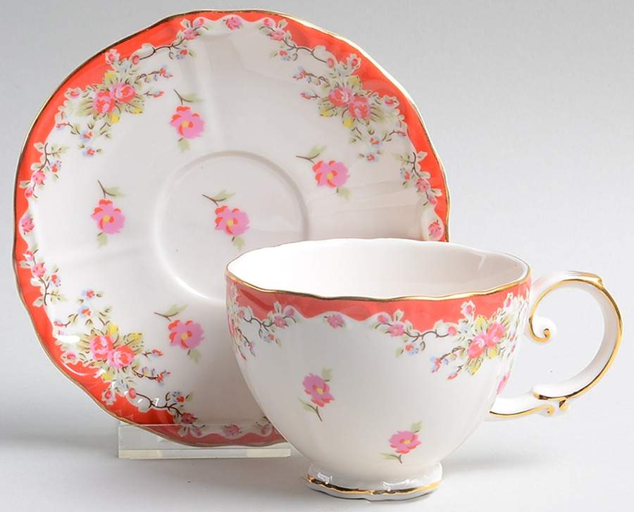 Red Vintage Rose Footed Cup & Saucer Set by Gracie Bone China-1
