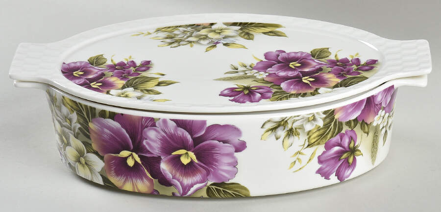 Pansy Oval Baker with Lid by Gracie Bone China-1