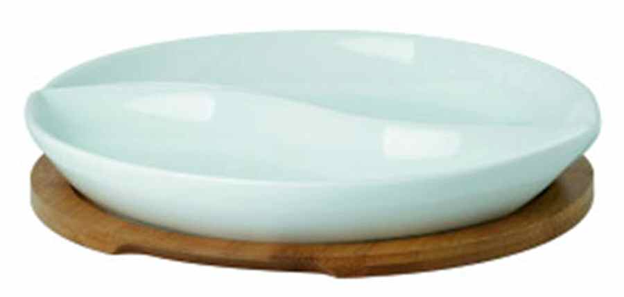 Bamboo Party Round Divided Server with Wood Stand by Gorham-1