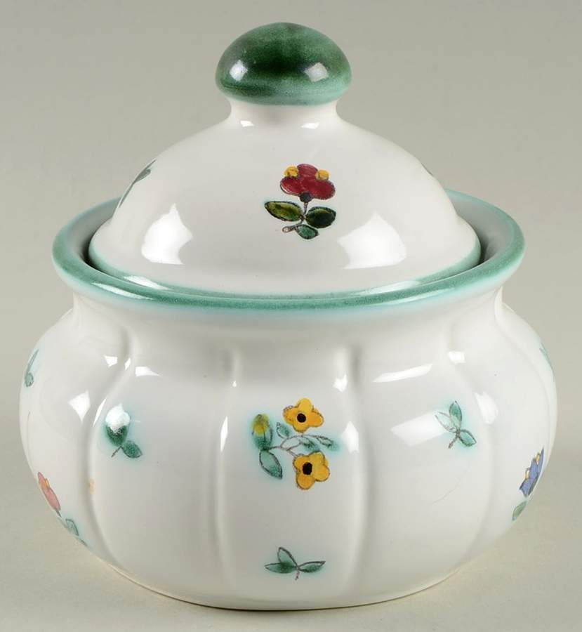 Scattered Blooms Green (Baroque) Sugar Bowl & Lid by Gmundner Austria-1