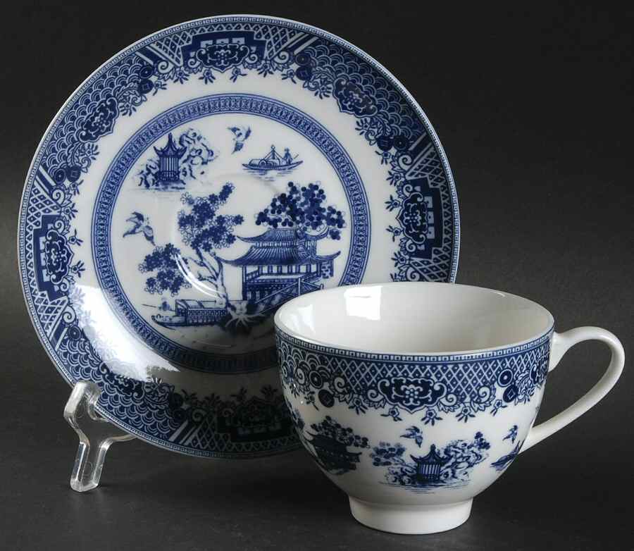 True Blue Flat Cup & Saucer Set by Gracie Bone China-1