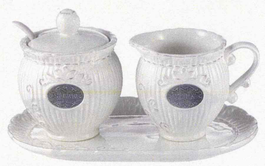 En Provence Creamer & Sugar with Lid & Spoon with Tray by Ganz-1