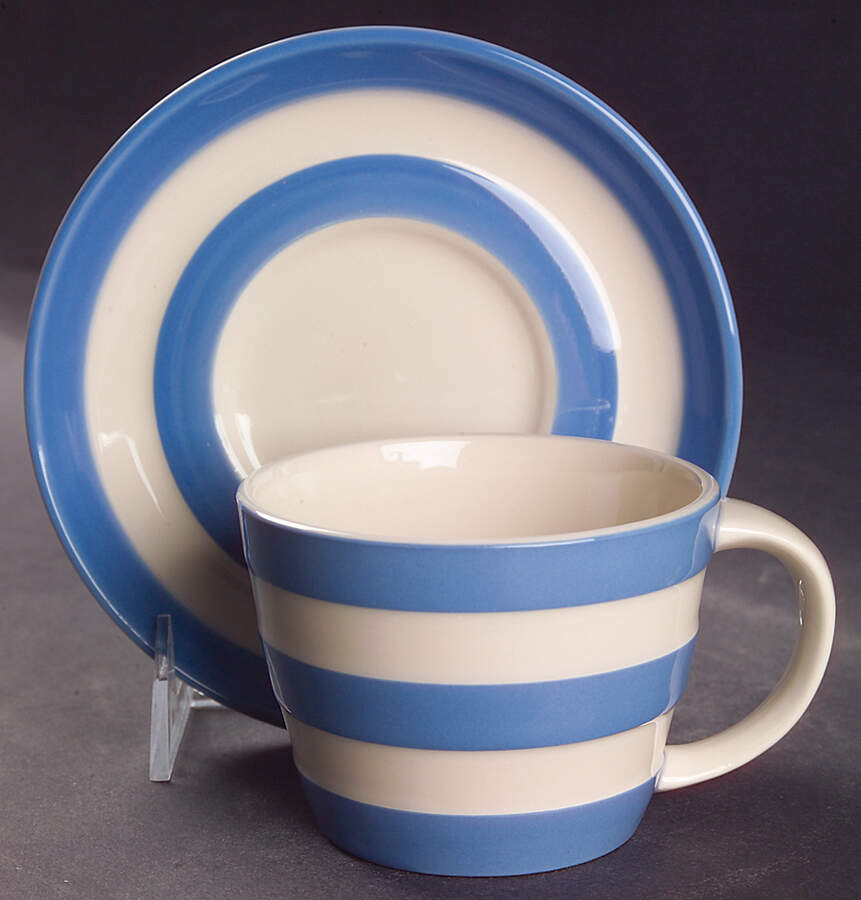 Cornish Blue Cream (Shield Stamp) Flat Cup & Saucer Set by T G Green (England)-1