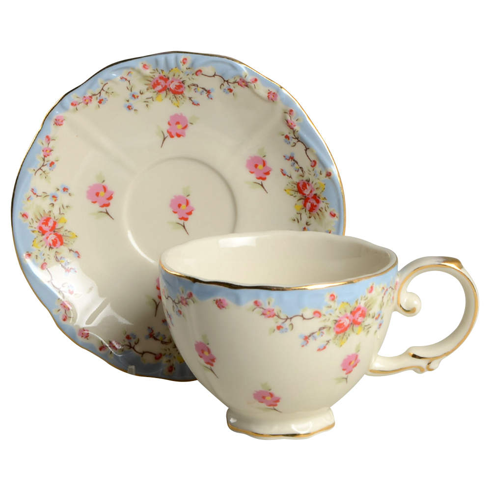 Blue Vintage Rose Footed Cup & Saucer Set by Gracie Bone China-1