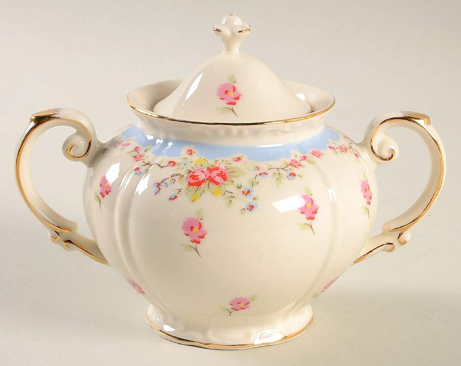 Blue Vintage Rose Sugar Bowl & Lid by Gracie Bone China-1
