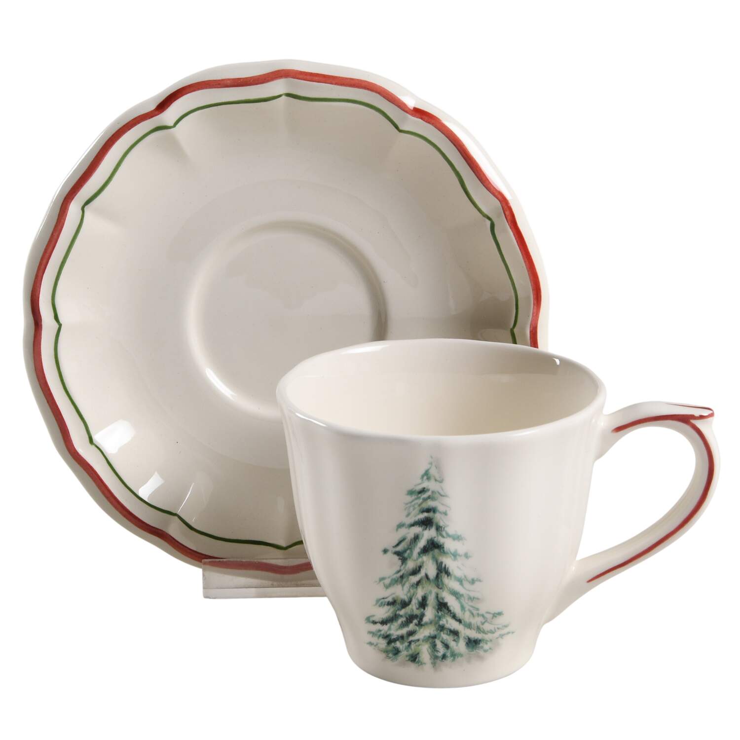 Filets Noel (Christmas Tree) Flat Cup & Saucer Set by Faiencerie De Gien-1