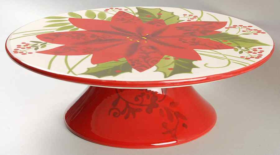 Poinsettia Holly Berry Cake Plate by Gibson Designs-1